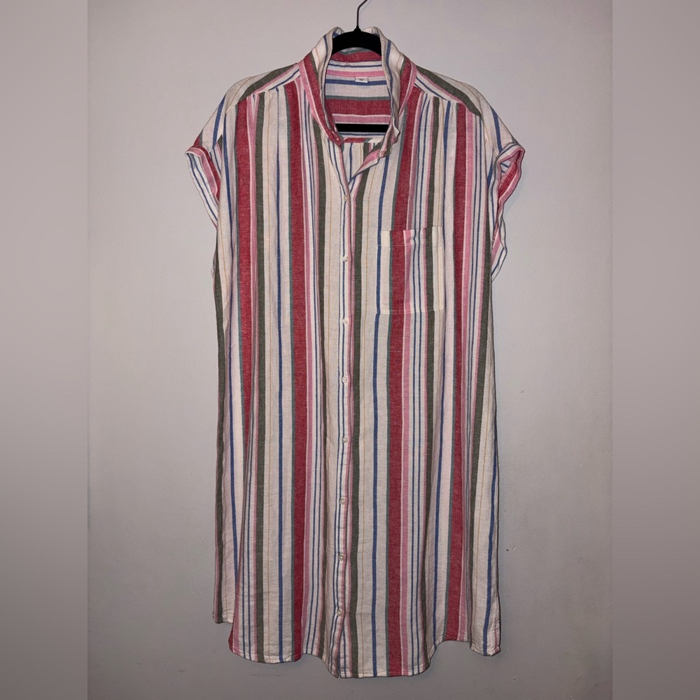 Linen Striped Short-Sleeve Button-Up Shirt Dress